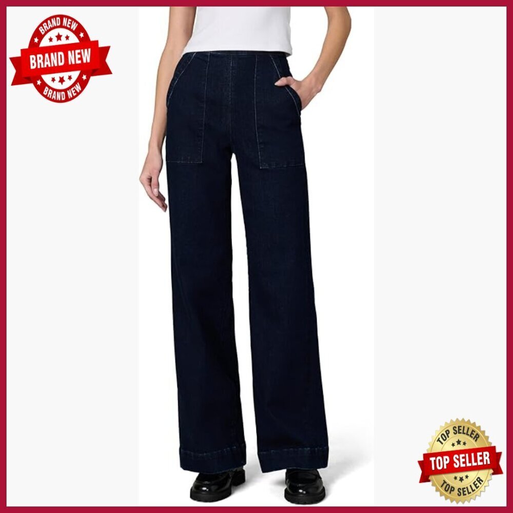 High Rise Wide Leg Denim Pants with Side Zip, Stretch Cotton Blend